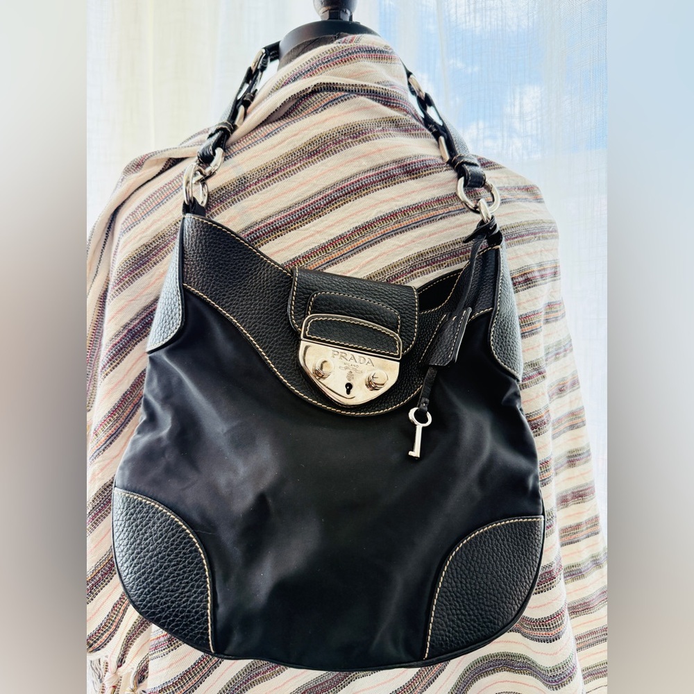 Vintage PRADA Vitello Diano Shoulder Bag Tessuto Black Nylon w/ Silver Lock/Key